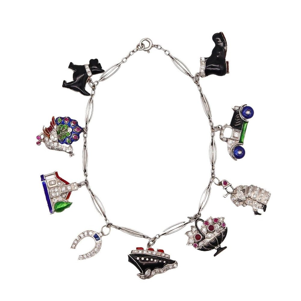 Art Deco 1930 Eight Charms Bracelet In Platinum Enamel With Diamonds And Gems